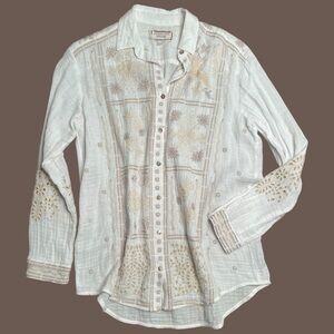 Johnny Was Workshop Embroidered Blouse Sz S | Boho Cream Linen Look Cutwork Top